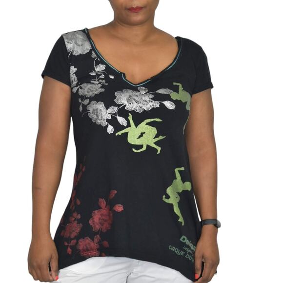 Desigual Cirque du Soleil Tee Black Foil Metallic Sharkbite T Shirt Size Small - Picture 8 of 15